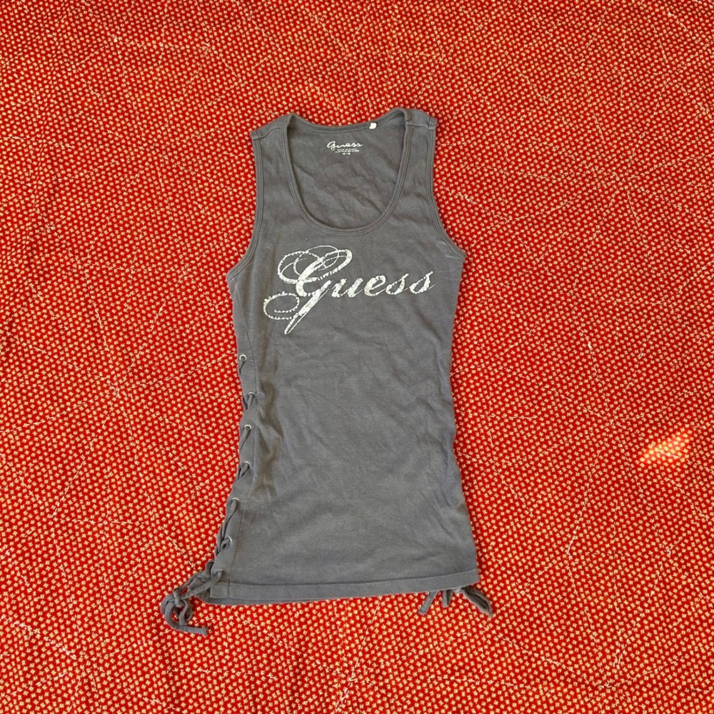 Guess Womens 2000s Gray Lace Up Side Graphic Tank Top Size M Rhinestone Logo